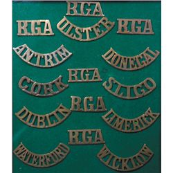 circa 1900: Irish militia Royal Garrison Artillery shoulder titles collection