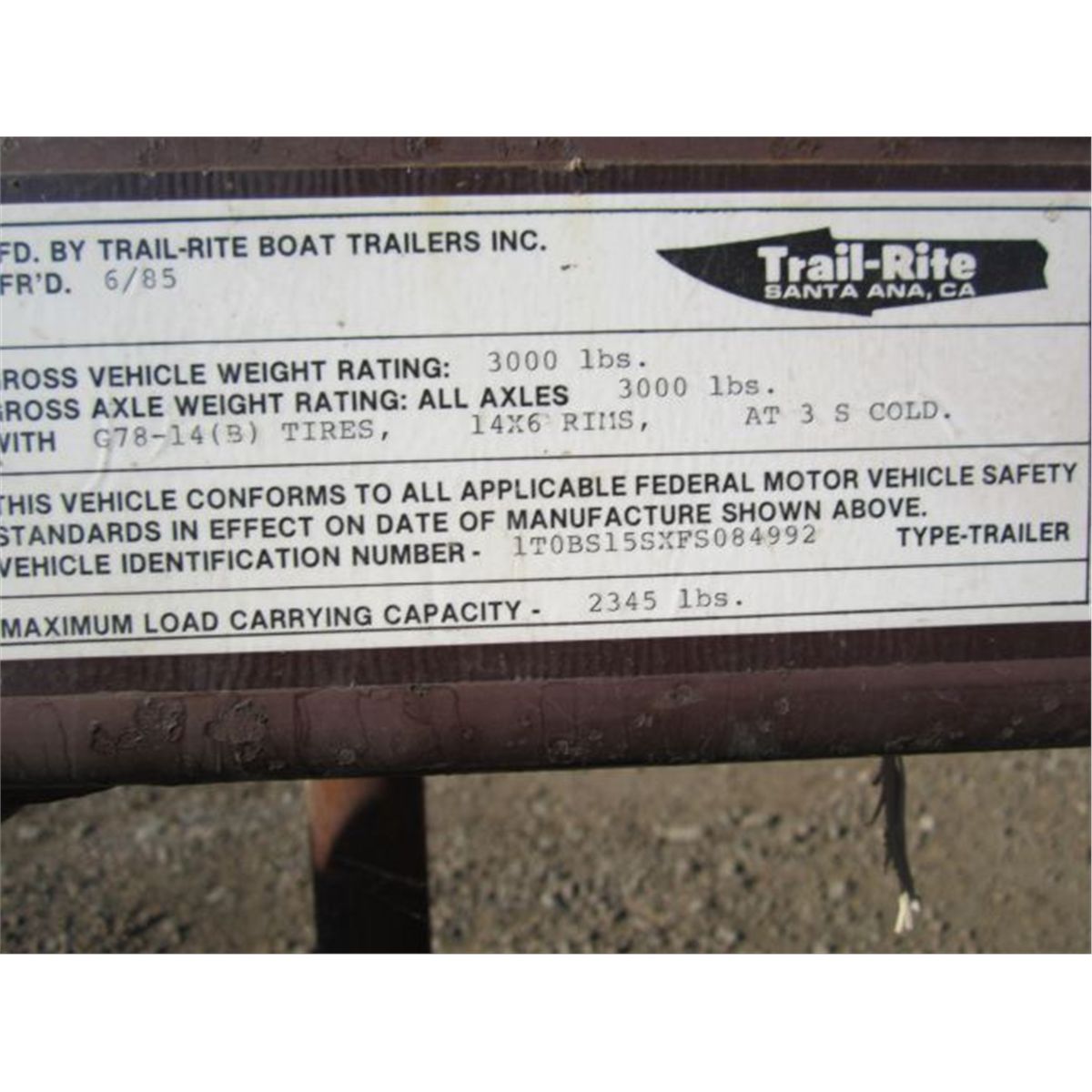 1985 TrailRite S/A 18' VHull Boat Trailer