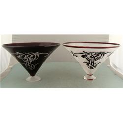2 Etched Design Funnel Vases Pair Black / White
