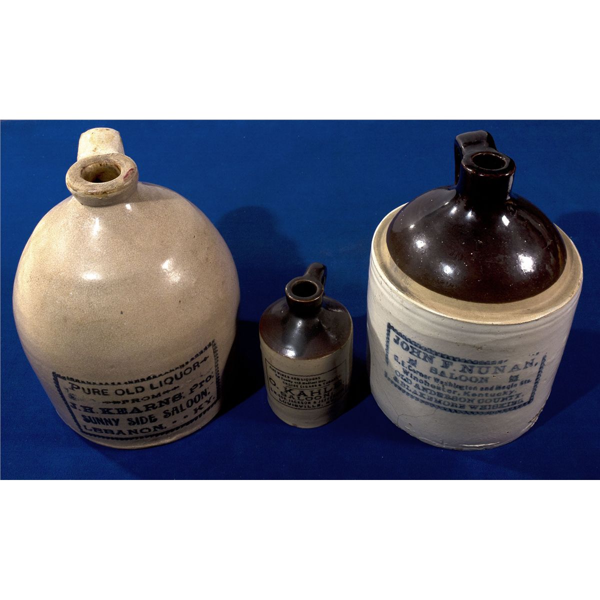 KY C1900 Kentucky Saloon Imprinted Stoneware Whiskey Jugs