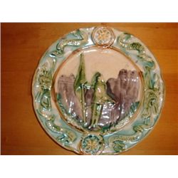 Old French green majolica plate Joan of Arc