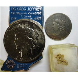 1834 large penny G-1922 Peace $ in 2000-01 Ft Wayne Lions Club holder-.4 DWT