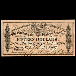 1864 Confederate $15 Bond Coupon RARE Hi Grade (CUR-06004)