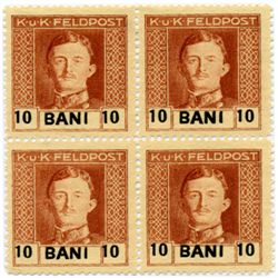 1918 Romania 10b Austria Occupation Carl 4 Block Error (STM-0474)