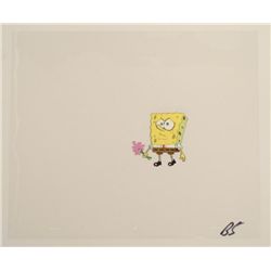 Sad SpongeBob Original Cel Animation Art Flowers Face