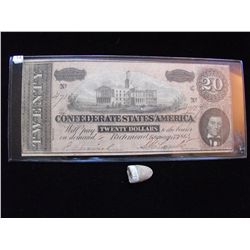 $20 CONFEDERATE CSA 1864 WITH AUTHENTIC CIVIL WAR BULLET