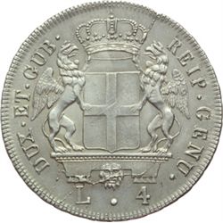 Genova  Dogi Biennali (1528-1797) 4 lire 1796, con stella dopo la data, emessa nel 1814.