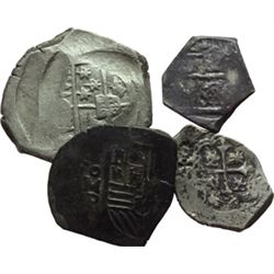 Spagna   Lotto di quattro monete maltagliate delle Colonie: una da 8 reales, una da 4 e due da 2 di 