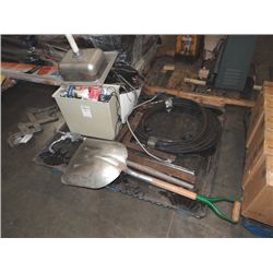 SHOVEL, SQUARES, HOSE, PHONES, SINK & MISC;