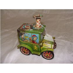 5" KO tin circus car c 1960 ball blower (missing ball, as seen)