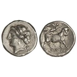 Didracma. 340-241 a.C. NEAPOLIS. CAMPANIA. Anv.: Cabeza diadeamda de Ninfa a izquierda, detrás símbo