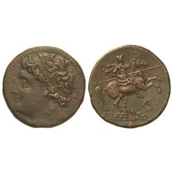 AE 27. 275-215 a.C. HIERON II. Anv.: Cabeza diademada a izquierda. Rev.: Jiente con lanza a derecha,