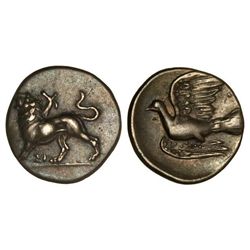 Hemidracma. 360-330 a.C. SIKYON. Anv.: Quimera en pie a izquierda. Rev.: Paloma volando a izquierda.