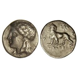 Dracma. 480-450 a.C. MILETOS. Anv.: Busto de Apolo laureado a izquierda. Rev.: León a izquierda, enc