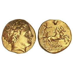 Estátera. 359-336 a.C. FILIPO II. MACEDONIA. Anv.: Cabeza laureada de Apolo a derecha. Rev.: Biga a 