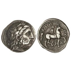 Tetradracma. 359-336 a.C. FILIPO II. MACEDONIA. Anv.: Cabeza laureada de Zeus a derecha. Rev.: Jinet