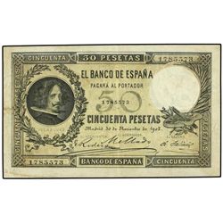 50 Pesetas. 30 Noviembre 1902. Velázquez. Apresto original. (Algo sucio). Ed-B93. MBC+.
