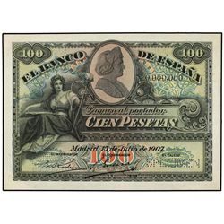 Muestra 100 Pesetas. 15 Julio 1907. Catedral de Sevilla. Numeración: 0.000.000. SPECIMEN en taladro.