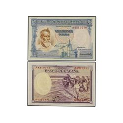 Lote 2 billetes 25 Pesetas. 31 Agosto 1936. Sorolla. Serie A. Pareja correlativa. (Uno, arruga de im