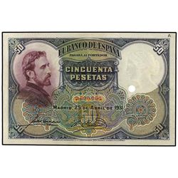 Prueba 50 Pesetas. 25 Abril 1931. Numeración en A/0.000.000 en rojo. En reverso cuatro números de se