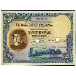 Muestra 500 Pesetas. 7 Enero 1935. Hernán Cortés. Nº 0.000.000. Dos taladros. (Margen izquierdo oscu