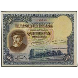 500 Pesetas. 7 Enero 1935. Hernán Cortés. (Dos pliegues, varios puntos de oxidación en esquina super