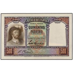 Prueba de color de anverso 500 Pesetas. 25 Abril 1931. Elcano. Color marrón y lila. SPECIMEN en tala