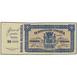 50 Pesetas. Septiembre 1937. BANCO DE ESPAÑA. GIJÓN. Con matriz. (Márgenes superior e inferior mal c