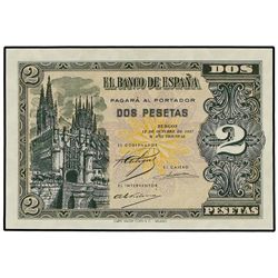 2 Pesetas. 12 Octubre 1937. Catedral de Burgos. Serie A. (Leves arrugas). Ed-D27. SC.