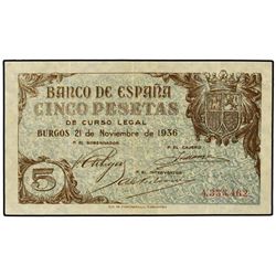 5 Pesetas. 21 Noviembre 1936. (Tres pliegues verticales). Ed-D18. EBC-.