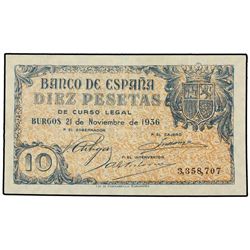10 Pesetas. 21 Noviembre 1936. (Cuatro pliegues, tres verticales y uno horizontal). Ed-D19. EBC-.