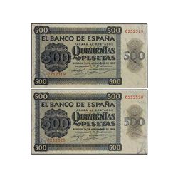 Lote 2 billetes 500 Pesetas. 21 Noviembre 1936. Catedral de Salamanca. Serie C. Pareja correlativa. 