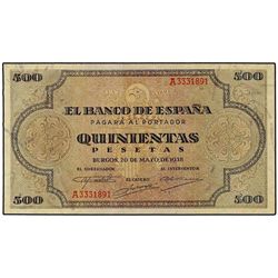 500 Pesetas. 20 Mayo 1938. Catedral de Santiago. Serie A. Ed-D34. EBC.