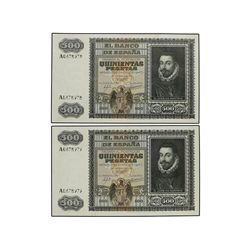 Lote 2 billetes 500 Pesetas. 9 Enero 1940. Ivan de Austria. Pareja correlativa. Apresto original. (D