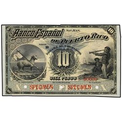 10 Pesos. S/F (1889). BANCO ESPAÑOL DE PUERTO RICO. Rev.: Naranja. Serie B. Numeración 00000. 2 tamp