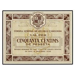 50 Cèntims. 19 Desembre 1936. CONSELL GENERAL DE LES VALLS D´ANDORRA. Marrón. S/C.