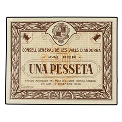 1 Pesseta. 19 Desembre 1936. CONSELL GENERAL DE LES VALLS D´ANDORRA. Emisión marrón. (Leves dobleces
