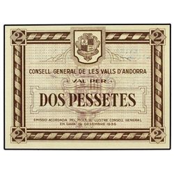 2 Pessetes. 19 Desembre 1936. CONSELL GENERAL DE LES VALLS D´ANDORRA. Marrón. (Leves arruguitas). Ed