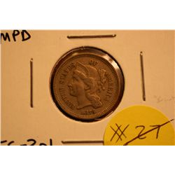 1875 Three Cent (VF-XF 1 In Throat Variety)