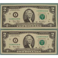 2 Consec # CU 2003 $2 Bills Notes I Mint Minneapolis