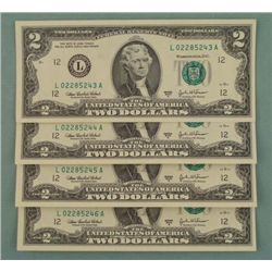 4 Consec # CU 2003A $2 Bills Notes L Mint San Francisco