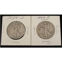 1934-S & 1942-D Walking Liberty Silver Half Dollars