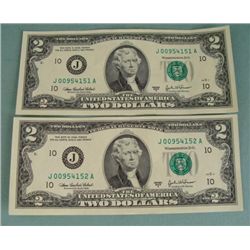 2 Consec # CU 2003 A $2 Bills Notes J Mint Kansas City