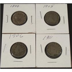 4 High Grade V Nickels 1898, 1905, 1906, 1911