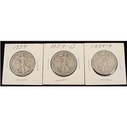 3 1934-P, D, S Walking Liberty Half Dollars
