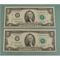 2 Consec # 1976 $2 Bill Notes "F" Mint Mark Atlanta CU