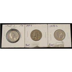 3 Proof Washington Quarters 1968-S, 1969-S, 1973-S