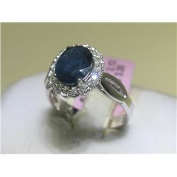 BLUE SAPPHIRE and Diamonds 14K White Gold Ring 6 1/2