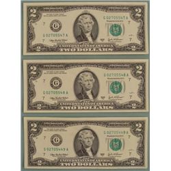 3 Consecutive # 2003 A $2 Bills Notes G Mint Chicago CU
