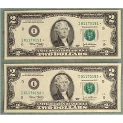 2 Consec # $2 Star Notes I Mint MN 2003 Low Serial UNC